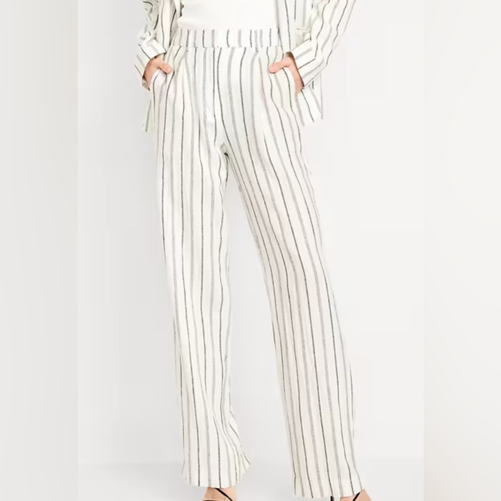 Old Navy Linen Navy Striped Taylor high-rise wide leg trouser Size Medium NWT